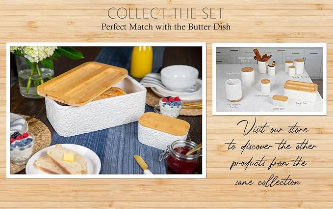 Engraved Ceramic Bread Box for Kitchen Countertop - Multipurpose Bread Storage Container with Thick Bamboo Cutting Board Lid - Elegant Bread Bin with Nature-Inspired Engraving - 13.8" x 7.9" x 5"