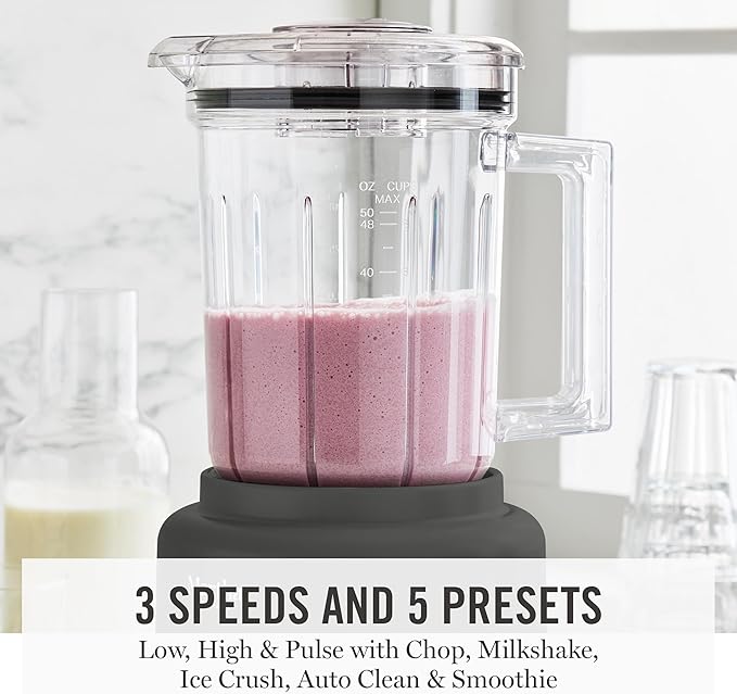 Martha Stewart 50oz Countertop Blender, 3 Speeds, 5 Presets, Caviar Gray | BPA-Free Pitcher, Smoothies, Margaritas, Milkshakes & Ice Crushing, Stainless Steel Blades, Auto-Clean, Dishwasher-Safe Parts
