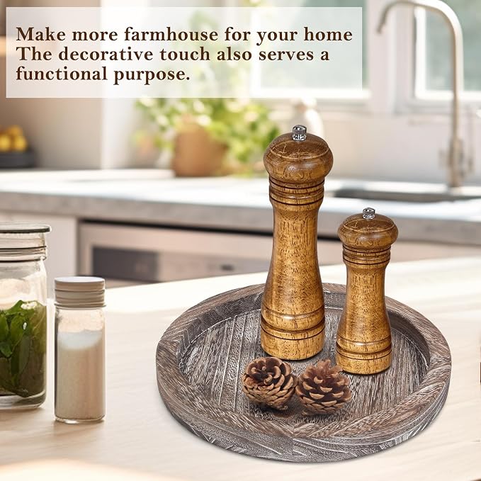 Round Wood Trays Home Decor Farmhouse Coffee Table Centerpieces Decorative | Circle Small Wooden Candle Holder Rustic Living Room Dining Table Decorations Boho Kitchen Bathroom Counter Dresser Tray