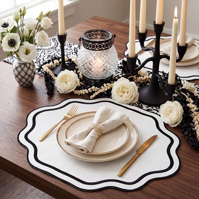 6 Pcs Black and White Wedding Placemats Scalloped Embroidered Cotton Linen Placemats 17" x 13" Double Layered Machine Washable Table Place Mat for Party Table Decor (Cotton)