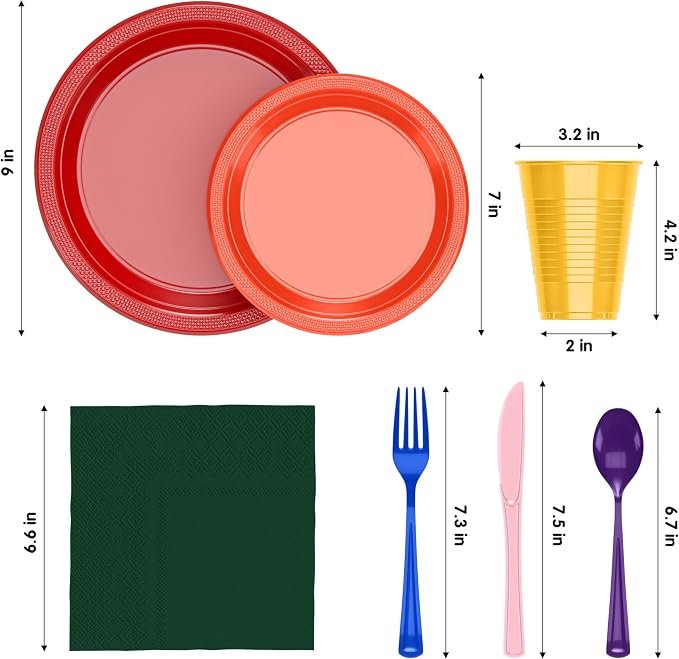 Exquisite 350 Pcs Rainbow Plastic Plates For Party, Rainbow Disposable Plates Set, 50 Of Each 9" Dinner Plate Set, 7" Dessert Plate, Cups, Napkins & Cutlery Plastic Dinnerware
