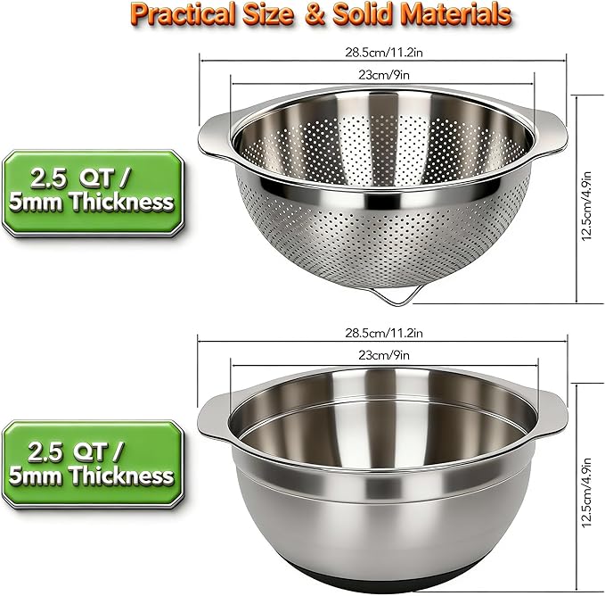 304 Stainless Steel Colander, 2.5 QT Capacity and 2.5 QT Mixing Bowl, Micropore Strainer for Washing Rice, Fruit, and Veggies, Perfect Draining for Cooked Pasta