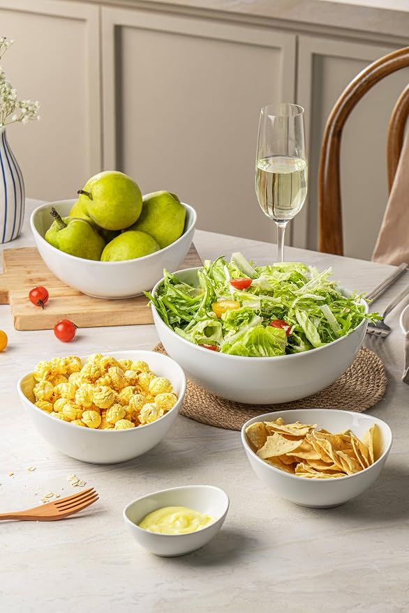 Porcelain Serving Bowls set for Entertaining, 3-11-20-32-50 Ounce, Scratch Resistant, 5 Piece Serving Bowl Set, Prep Salad Bowls for Christmas Thanksgiving, Dishwasher Safe, Pure White