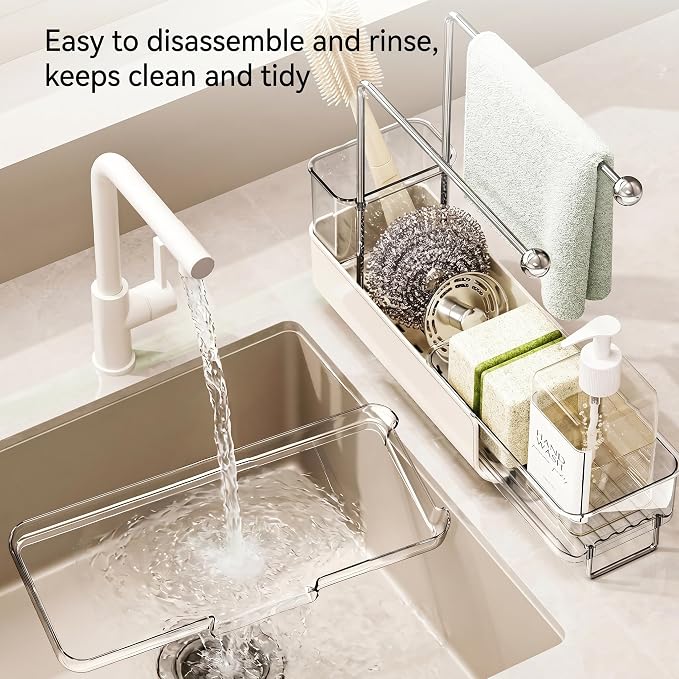 Expandable Kitchen Sink Caddy 25-38cm, 360° Rotating Sponge Holder & Brush | White, large, stretchable 25-38cm. Side brush holder, triple drainage, rust-proof.Ideal for sponge & kitchen sink accessories
