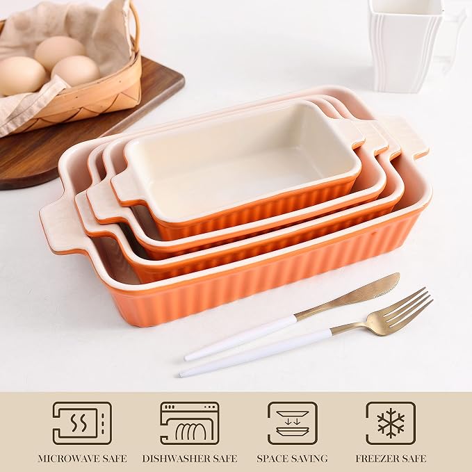 MALACASA Casserole Dishes for Oven, Ceramic Baking Dishes Set of 4,Orange | Rectangular Lasagna Pans Bakeware for Roasting Vegetable, Gratins, Gift Set, Oven Dishwasher Safe (9.4/11.1/12.2/14.7")