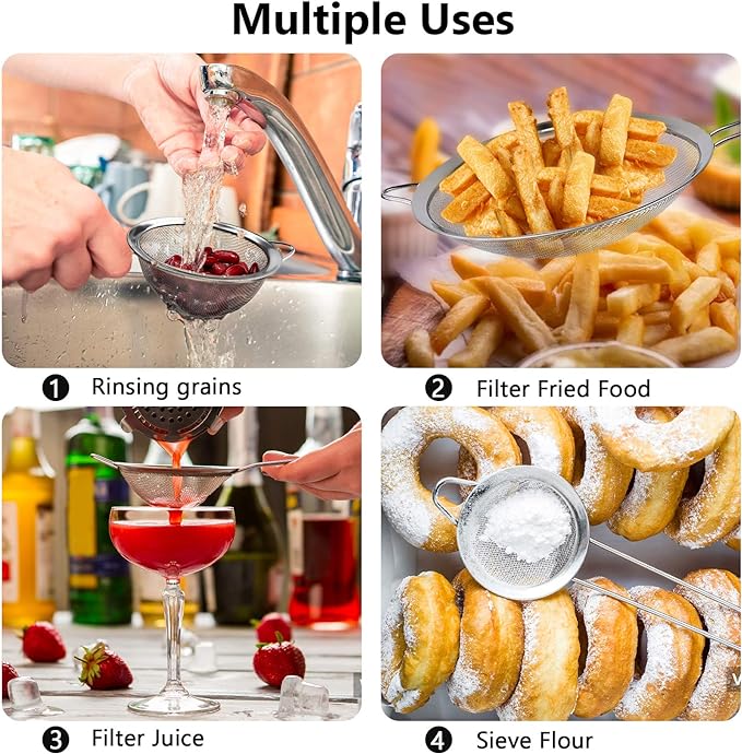 3Pcs Super Wire Extra Fine Mesh Strainer with Handle, Small Medium Large Size Sifter Metal Strainer Set, Stainless Steel Sieve Fine Mesh Strainers for Kitchen Rice Juice Quinoa Food Flour Baking YLYL