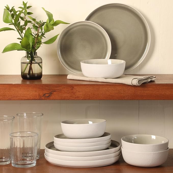 Gibson Elite Tahoe Sunset 12-Piece Reactive Stoneware Dinnerware Set – Matte Exterior & Shiny Interior Plates and Bowls, Durable Everyday Dish Set, Microwave & Dishwasher Safe - Grey
