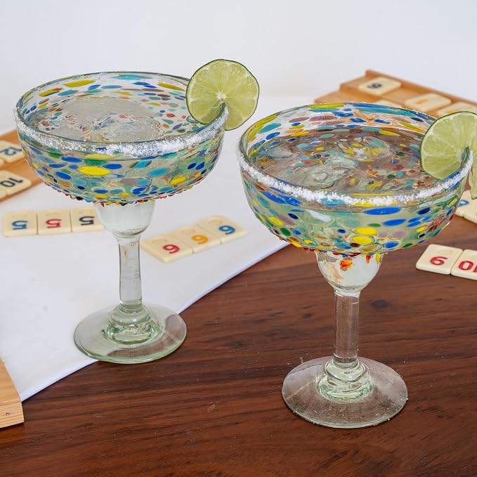Confetti Dots Hand Blown Margarita Glasses Set of 4 – Colorful Mexican Glassware – 14 oz Recycled Glass Margarita Glass – Hand blown Mexican Drinking Glasses for Cocktails & Tequila