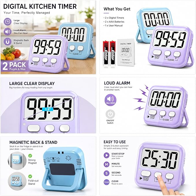 2 Pack Digital Timer for Kids Classroom Kitchen Timers for Cooking | w/ Battery, Easy to View, Alarm, Mute Mode, Count Down/Up, Magnetic, Kickstand, Hanging, Classroom Timer for Teacher Supplies