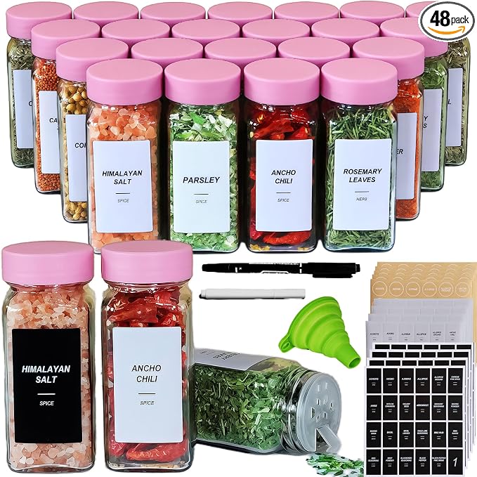48 Spice Jars with Labels, 4oz Seasoning Jars for Cabinets, Drawers, Racks | Lead-free glass seasoning containers with pink airtight lids, and they are dishwasher safe