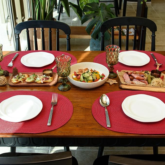 Placemats Set of 8, Woven Oval Braided Dining Table Mats(Red) | 12 x 17.5 Inch Size Fits Plates and Flatware; Hand Washable and Heat Resistant for Kitchen Use, with Farmhouse and Boho Style