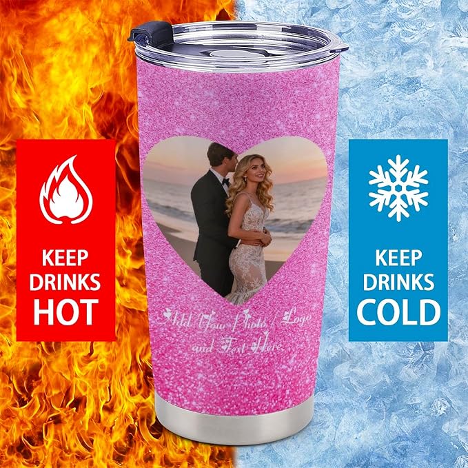 Personalized Tumbler Custom Vacuum Insulated Travel Mug Customizable Coffee Cup with Your Photos and Text Christmas Birthday Gift (2 Heart Photos+Text)