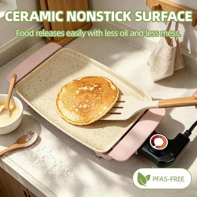 Small Electric Griddle, 10 Inch Mini Ceramic Non-Stick Electric Skillet with Adjustable Thermostat, 1200W Single Serve Grill for Breakfast, Cooking for Pancakes, Eggs, Sausage, Pink