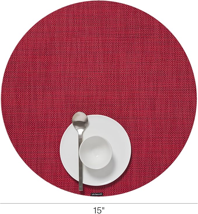Chilewich Mini Basketweave Placemats, Round Woven Placemats Set of 4 | Reusable, Stain-Resistant, Indoor/Outdoor Tabletop Protection, Scarlet, 15" Round