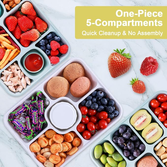 Large Snackle Box Container with Dip Container, 5 Compartments Snack Container with Lid and Handle, Veggie Fruit Divided Serving Tray for Party, Picnic, Dishwasher Safe, BPA-Free