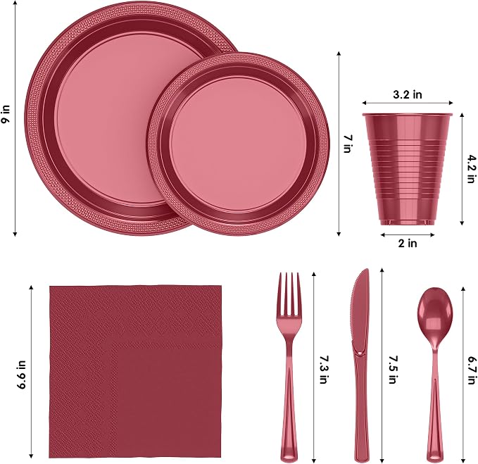 350 Pcs Burgundy Plastic Plates For Party, Burgundy Disposable Plates Set, 50 Of Each 9" Dinner Plate Set, 7" Dessert Plate, Cups, Napkins & Cutlery Plastic Dinnerware Set Exquisite