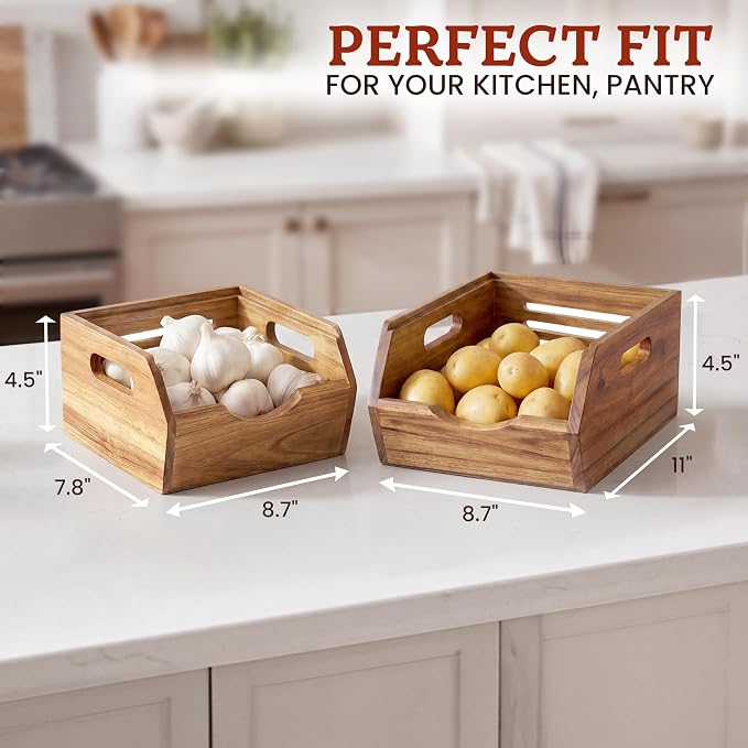 HOMESTEAD Stackable Wood Storage Bin, Ventilated Potato and Onion Storage Organizer with Handles, Wooden Pantry Organizer Bins for Fruit, Vegetables, Potatoes and Onions Storage, Natural