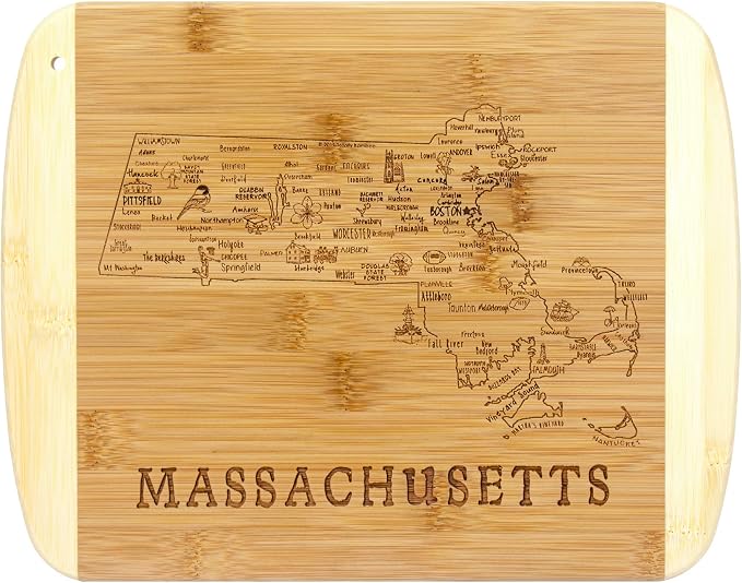 Totally Bamboo A Slice of Life Massachusetts Engraved Map Cutting Board | 11” x 8.75” charcuterie board with engraved state map artwork. Smooth reverse side for food prep. Hang tie for wall display.