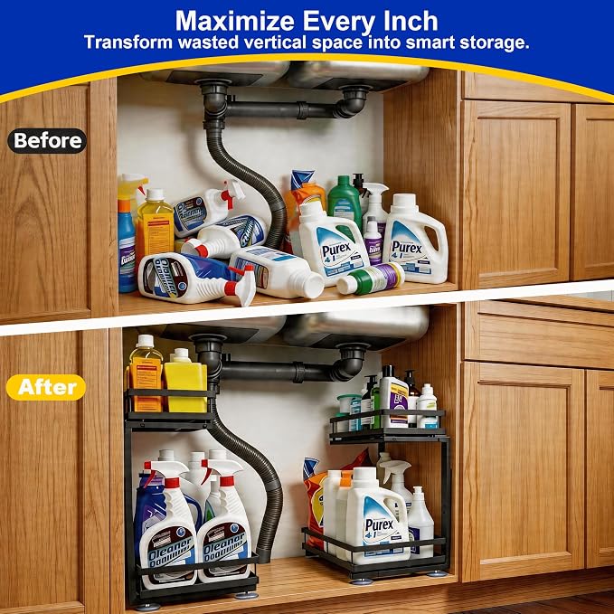 2-Tier Metal L-Shaped Pull-Out Under Sink Organizer, Black, 2 Pack | 2 complete sets; ball-bearing slides; 6-level height; no-drill setup