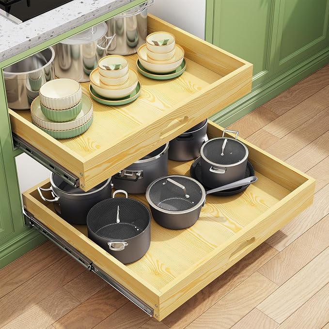 Pull Out Cabinet Organizer, Soft Close Wooden Slide Out Drawers for Pots and Pans, Full-extension Roll Out Shelves for Kitchen Cabinets, Pantry Organization, Bottom & Side Mount(23"W X 21"D x 3.4''H)
