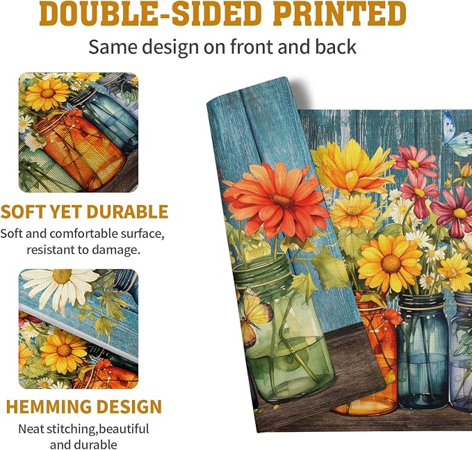 Rustic Daisy Placemats Set of 4 Vintage Flower Vases Wood Grain Linen Table Mats 12x18 Inch Summer Floral Wooden Board Farmhouse Washable Place Mat for Party Kitchen Dining Outdoor Indoor Decor