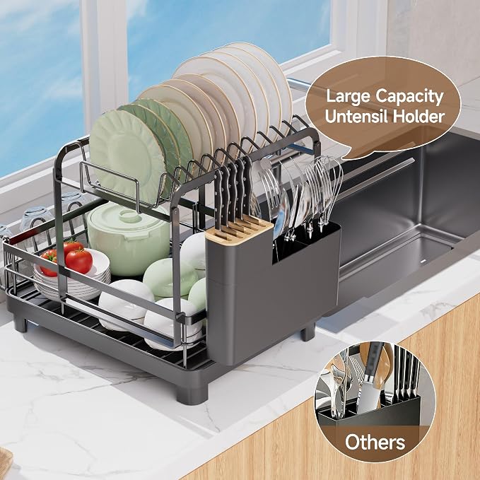 Runnatal 2-Tier Dish Drying Rack, Large Dish Drainers for Kitchen Counter | Anti-Rust Dish Rack with Drainboard, Utensil Holder, Extra Cup Holder, Black
