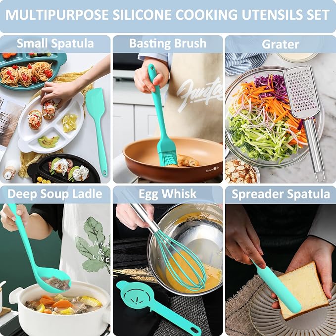 Silicone Kitchen Utensils Set, 16-Piece Silicone Cooking Utensils by Deedro | Heat Resistant Kitchen Tools Set with Holder, Nonstick Spatula Kitchen Gadgets for Cooking & Baking, Green
