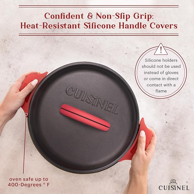 Cuisinel Cast Iron Dutch Oven - 7-Quart Deep Pot + Lid + Pan Scraper + Handle Covers - Large Pre-Seasoned Cooker for Baking Bread, Soup, Frying - Indoor/Outdoor Kitchen, Camping, Fire, BBQ Safe