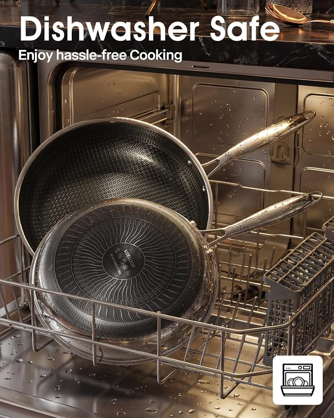 USELUCK Hybrid Non stick Frying Pans with Glass Lid, 12-Inch Frying Pan. | Stainless Steel Skillet with Honeycomb Surface,Oven-Safe,PFAS-Free,Compatible with All Cooktops.