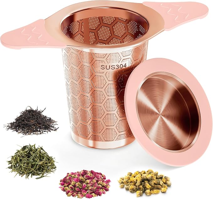 Tea Infuser for Loose Leaf Tea,Stainless Steel Tea Strainer with Silicone Handles,Extra Fine Mesh Tea Strainers for Loose Tea Filter Fine Tea Leaves Effectively,Fits TeaPots/Mugs (Rose gold)