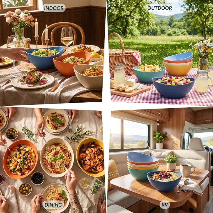 60oz Wheat Straw Bowls Set of 6 Salad Bowls Large Popcorn Bowl Unbreakable Serving Bowls Microwave & Dishwasher Safe Bowl Set Centerpiece Bowls for Kitchen, Party, Decor, Camping (Multi)