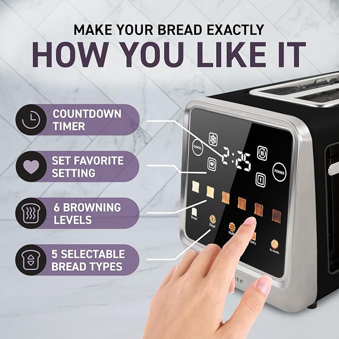 Inspirex Touch Screen Toaster - 2 Extra Wide Slots - 5 Bread Types and 6 Browning Levels - Defrost, Reheat, Favorite, & Single Slot Modes - For Toast, Bagels, & Waffles – Black