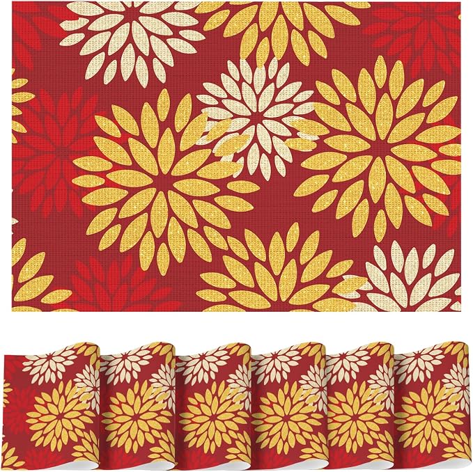 Artoid Mode Floral Vinyl Placemats Set of 6, 12x18 Inch New Year Washable Non-Slip Plastic Vinyl Place Mats for Party Kitchen Dining Decor, Red