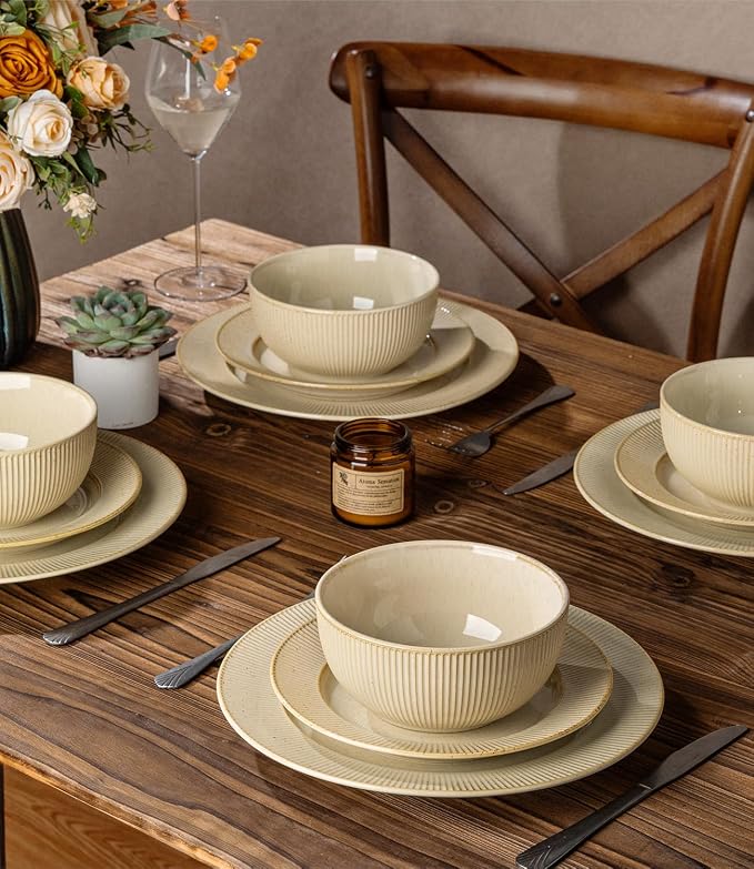 Ceramic Dinnerware Set for 6, 18-Piece Plates and Bowls Set | Lightweight Porcelain Dish Set, Scratch Resistant, Oven & Microwave & Dishwasher Safe, Cream Latte