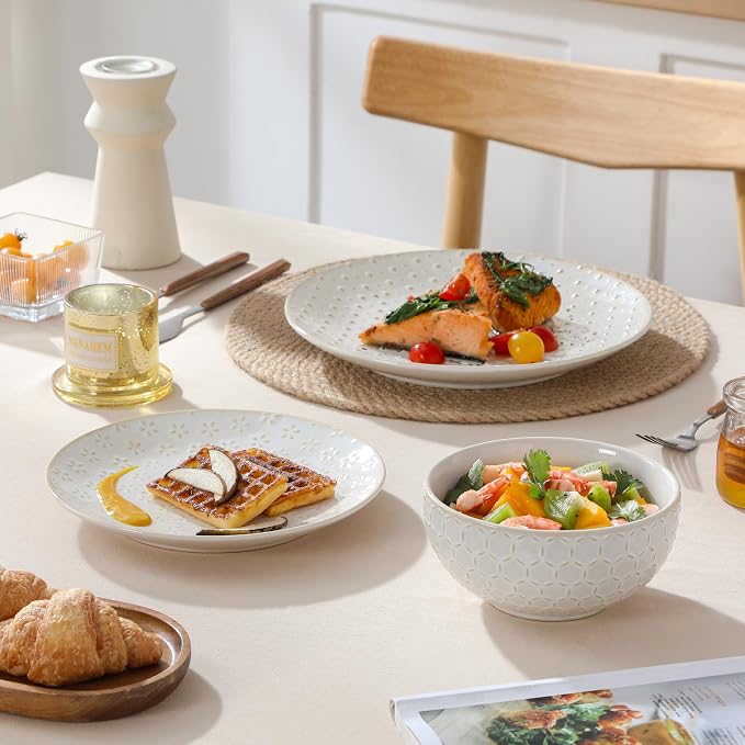 MALACASA 12 Pieces Dinnerware Sets, Farmhouse Plates and Bowls Sets, Embossed White Dish Set for 4, Vintage Relief Ceramic Dish Set, Chip-Resistant, Microwave and Dishwasher Safe, Series LYDIA