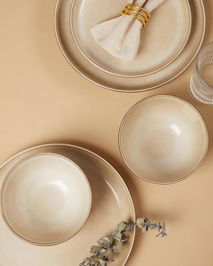 Stoneware Dinnerware Sets Service for 4, 12 pcs Reactive Glaze Plates and Bowls Sets, Handmade Ceramic Dish Set, Highly Chip and Crack Resistant Modern Plate Set, Mocha Beige