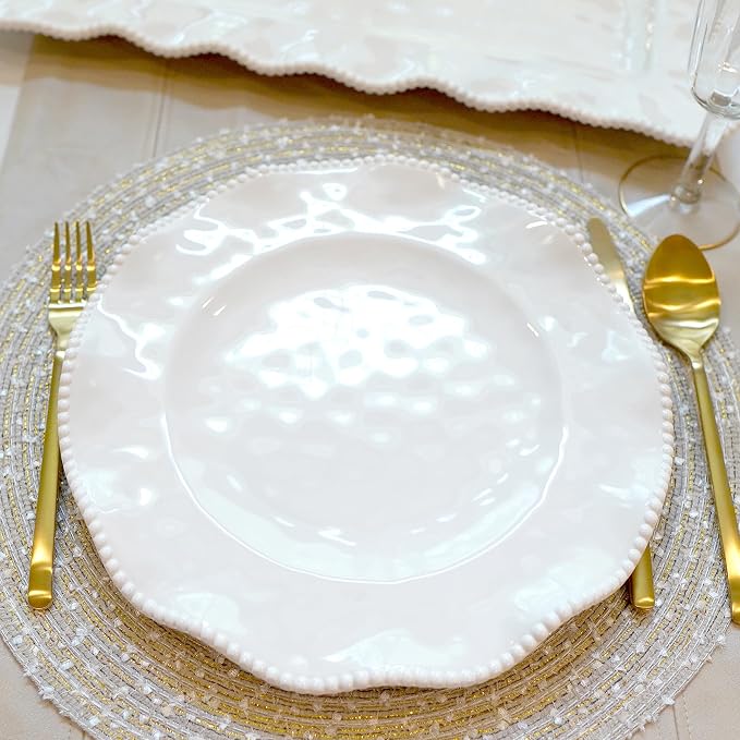 Perlette Off-White Beaded 12-Piece Dinnerware Set – Includes 4 Dinner Plates, 4 Salad Plates, 4 Bowls (7.5" x 2", 22 oz) – Elegant Unbreakable Melamine, Heavyweight, Perfect for Indoor/Outdoor Dining