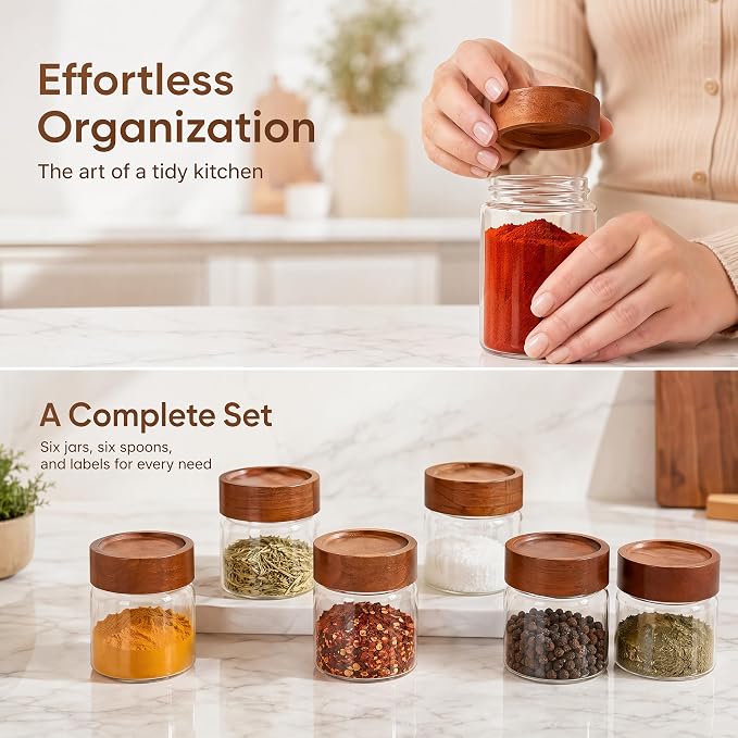6‑Pack Small 4 Fl Oz (118 ml) Glass Jars w/Wood Lids & Spoons | Built‑in PP insert & silicone seal; airtight for oats, yogurt, spices, chia pudding & pantry