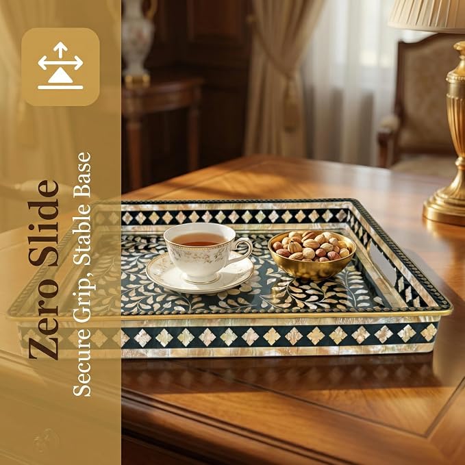 Boho Serving Tray with Handles, 15.7”x11.8” Rectangular Decorative Plastic Tray (Vintage Black & Gold) for Coffee Table, Ottoman, Living Room – Multipurpose Deco