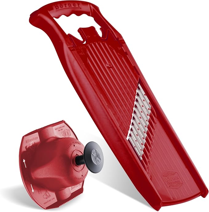 Börner by Reston Lloyd Wave-Waffle Power Line • Crinkle Cut/Spirelli Vegetable Slicer & Food Safety Holder • Slicer for Wave Waffle Cut Style • Multiple Thickness Options • Made in Germany, Red