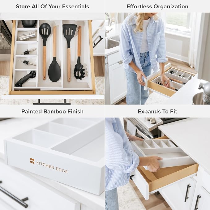 Utensil & Junk Drawer Organizer, 10.5-19 in, White Bamboo | Food-safe contract grade, 100% sustainable wood, non-slip, adjustable