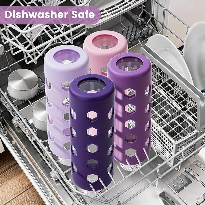 Mrsdry 18 oz Glass Water Bottles with Lids & Silicone Sleeves, 4-Pack | BPA Free, Leak-Proof Reusable Glass Drinking Bottles with Stainless Steel Airtight Cap for Juicing, Dishwasher Safe, Non-Slip