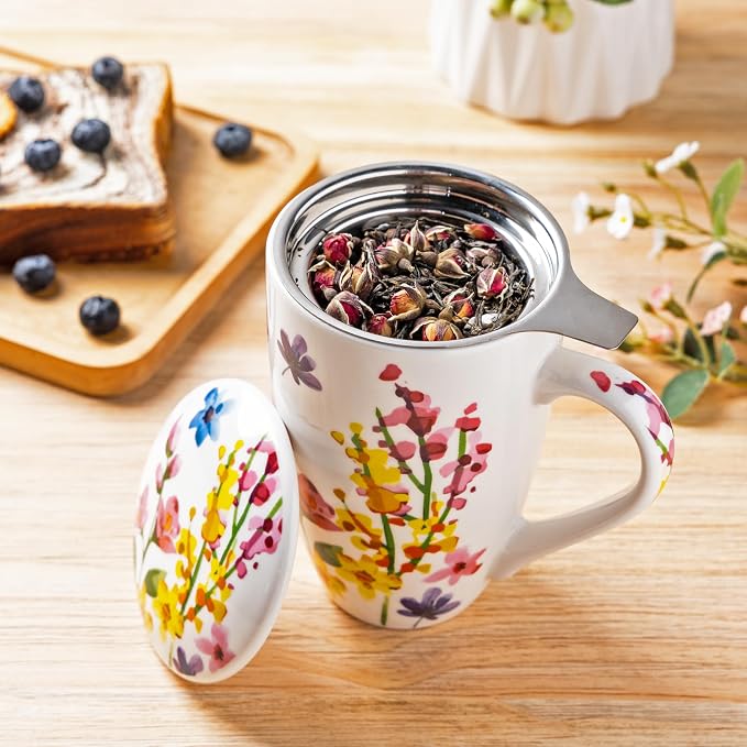 GBhome Tea Mug with Infuser and Lid,18 Ounce Ceramic Loose Leaf Cup Steeper | Lead-Free Glaze For Tea Lovers,Microwave & Dishwasher Safe with Tea Strainer
