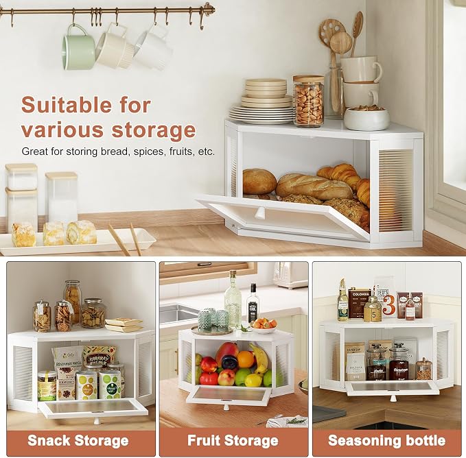 WOWLIVE Corner Bread Box, Bamboo Bread Storage with Acrylic Wavy Door | Breadbox for Kitchen Countertop, Large Farmhouse Bread Holder for Homemade Bread, Multi-functional Container, White