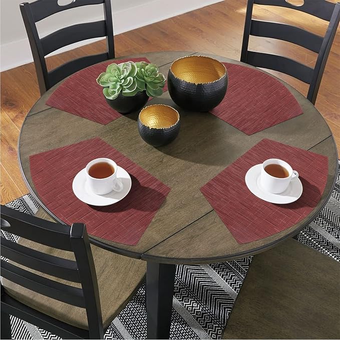SHACOS Small Round Table Placemats Set of 5 Woven Vinyl Wedge Placemats with Centerpiece Round Table Mats Heat Resistant Wipe Clean (5, Burgundy Red)