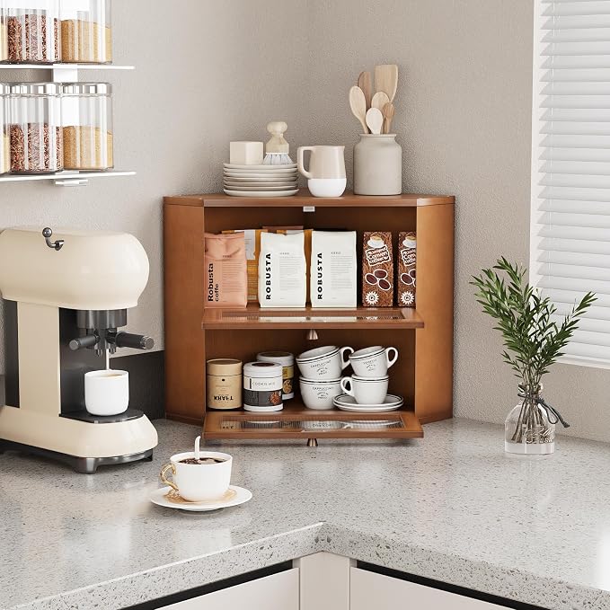 Trironsun Corner Bamboo Bread Box for Kitchen Counter Double Layer Bread Storage Container Large Capacity Bread Storage Bin with Wavy Arcylic Transparent Door (Brown)