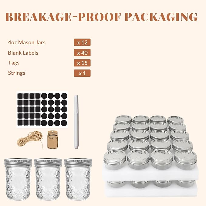 CycleMore 12 Pcs 8oz Clear Glass Mason Jars With Silver Separable Lids, Mini Glass Jars, Small Canning Jars for Gift Honey, Jam, Jelly, Wedding Favors, Kitchen Food Storage