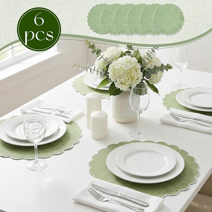 Set of 6 Sage Green Cotton Placemats 15" Round Scalloped White | Double Layered Cotton Fabric, Washable Embroidery, White Edge Edge, Rustic Table Mats for Wedding Dining Table Decor