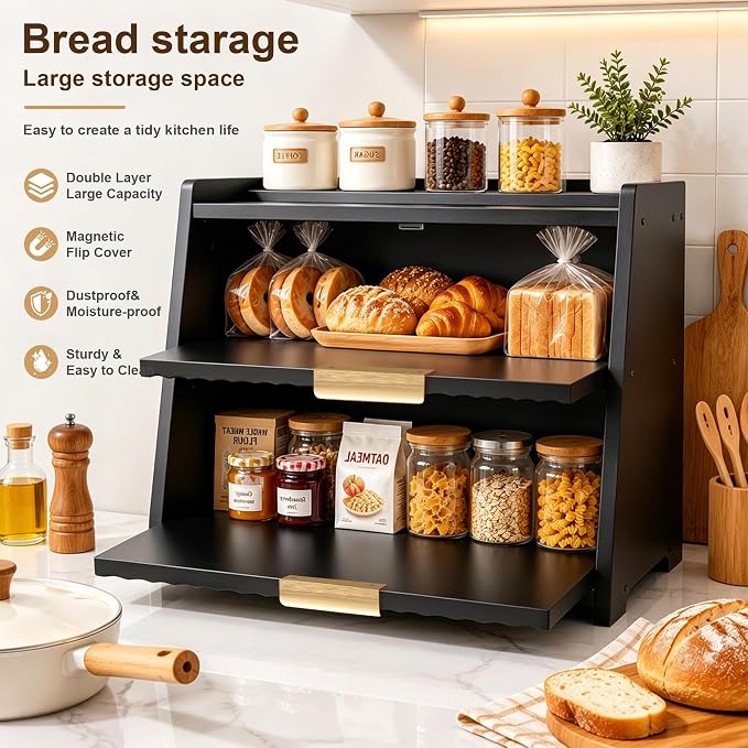 Large Bread Box for Kitchen Counter, Double Layer Wooden Bread Storage Container with Top Shelf, Countertop Organizer Cabinet for Bread, Bagels, Pastries, Coffee Station and Kitchen Essentials (Black)