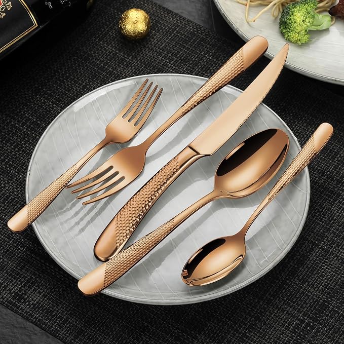 Hammered Rose gold 30 Pieces Set Silverware Set for 6 with Serrated Forging Knives,18/10 Stainless Steel Modern Flatware Set,Unique Cutlery Set,Mirror Polished,Dishwasher Safe
